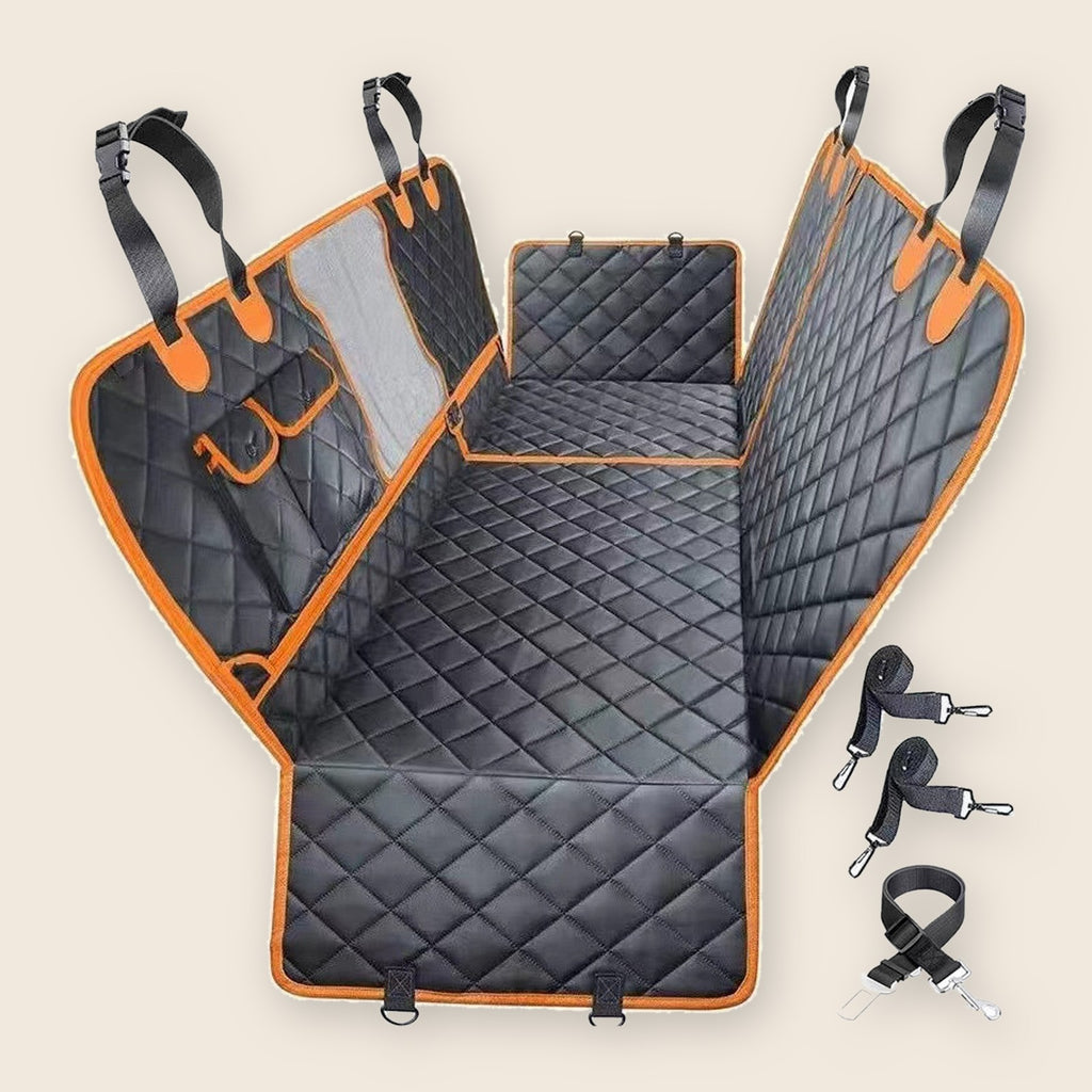 Black quilted rear-seat pet hammock with orange trim, headrest straps, seat anchors and pet tether