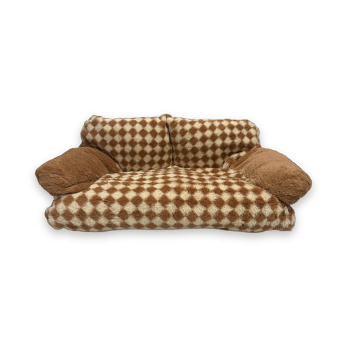 Plush brown and cream checker sofa bed with bolster arms, front view