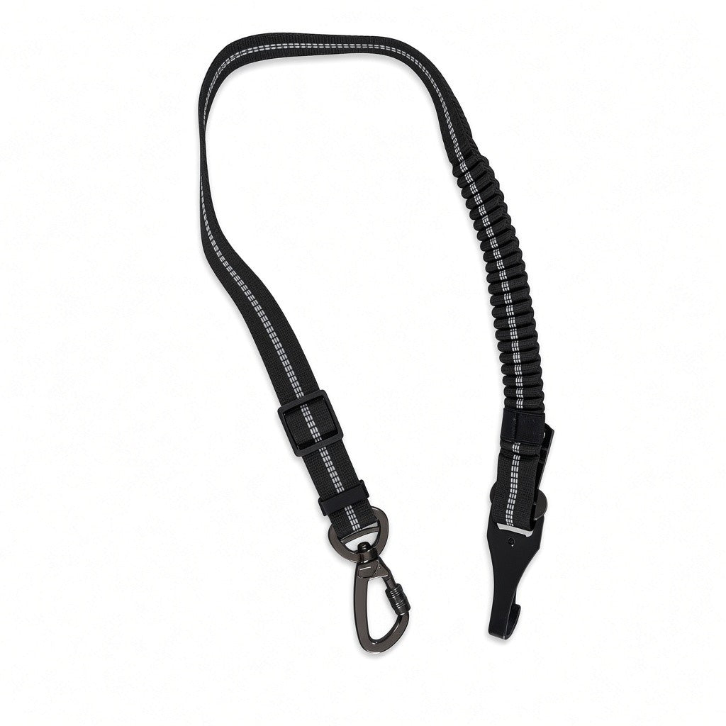Black pet car tether with seat-belt tongue, bungee section and screw-lock hook