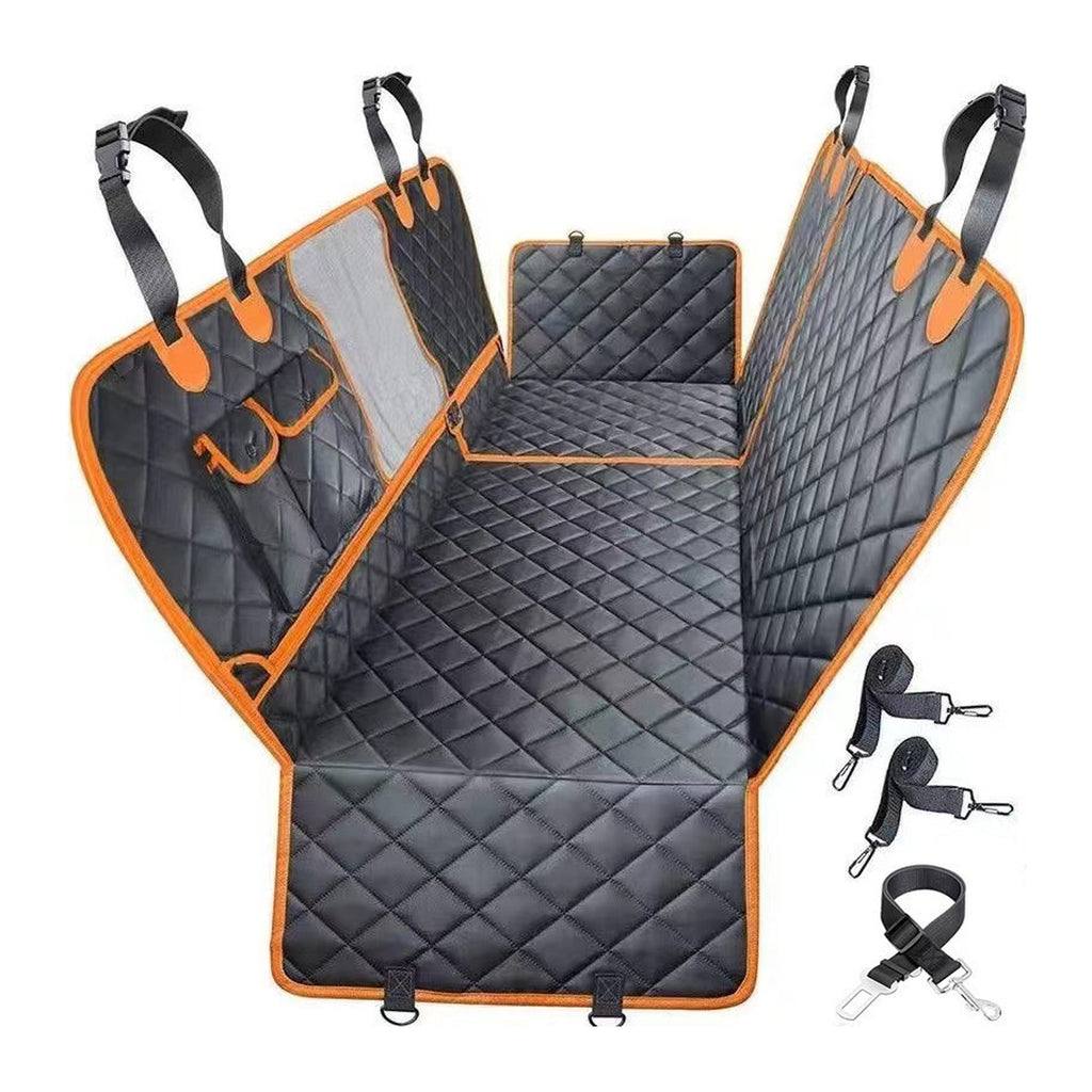 Black quilted rear-seat pet cover with orange trim, mesh window, side flaps, headrest straps and pet tether