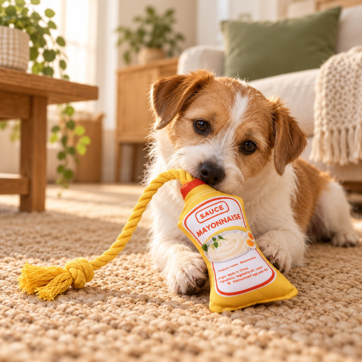 Small dog chewing the rope loop of a mayonnaise sauce-bottle toy on a rug