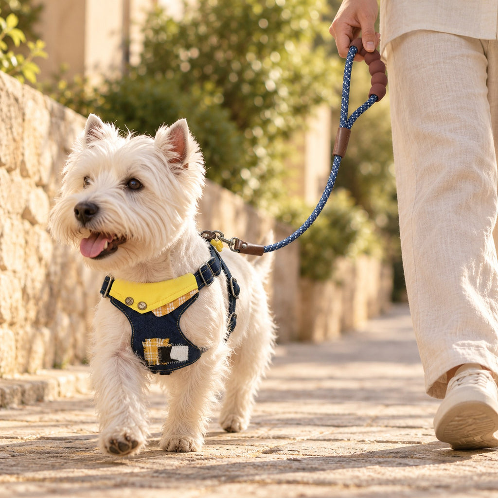 Small white dog on a walk wearing the denim harness with a yellow collar panel and a rope leash