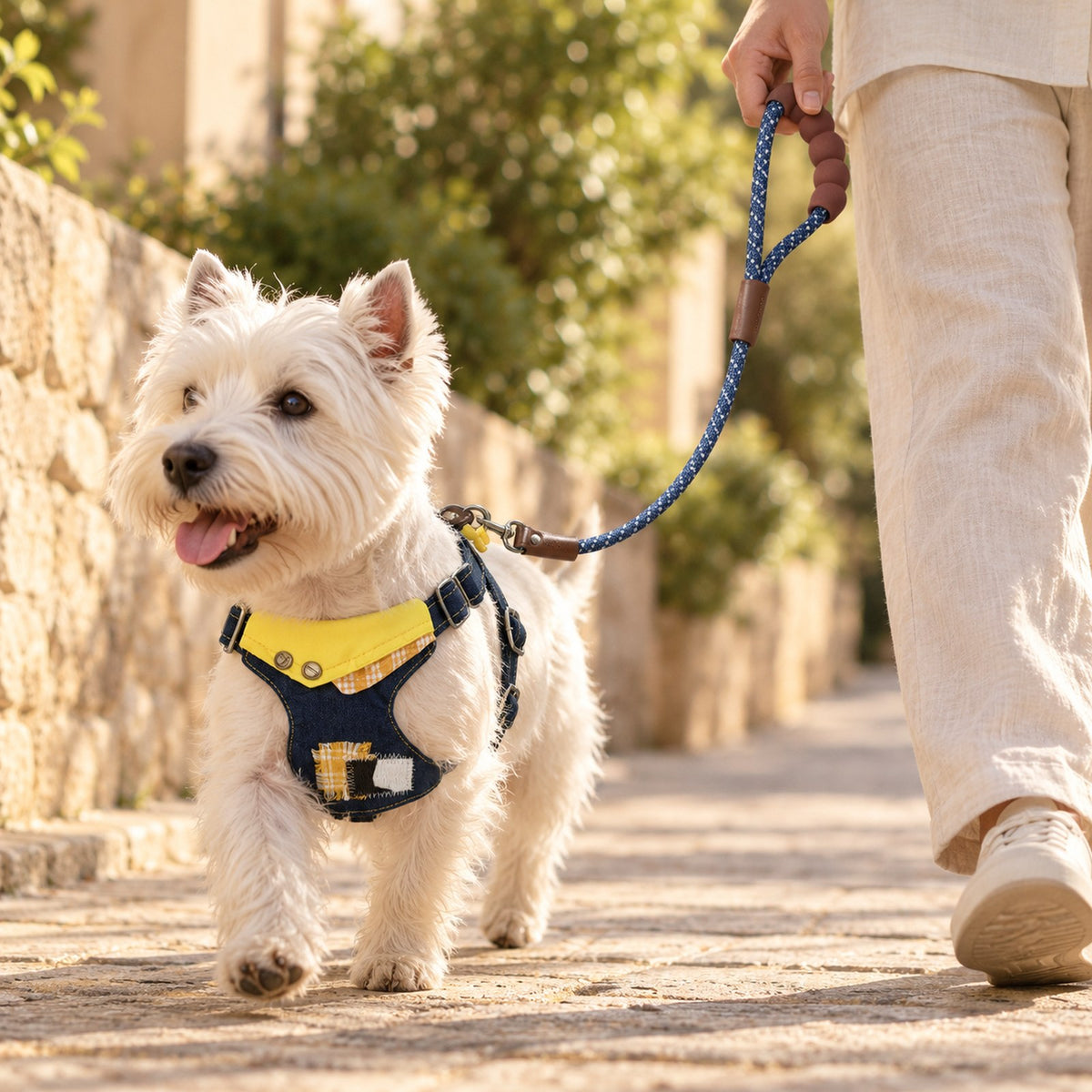 Small white dog on a walk wearing the denim harness with a yellow collar panel and a rope leash