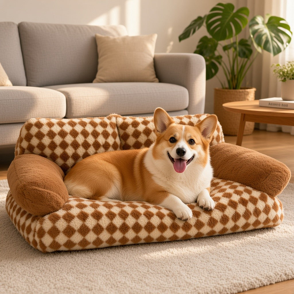 Corgi lounging on the brown checker sofa bed in a living room