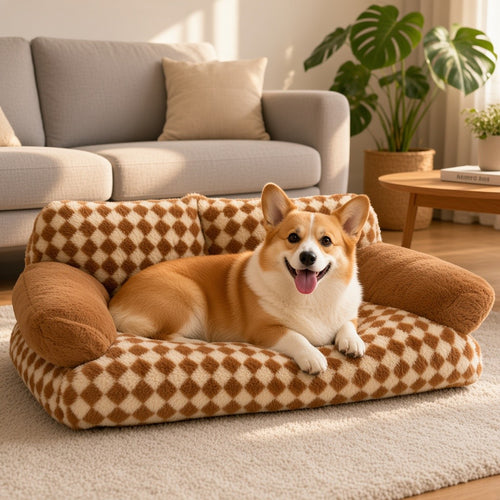 Corgi lounging on the brown checker sofa bed in a living room