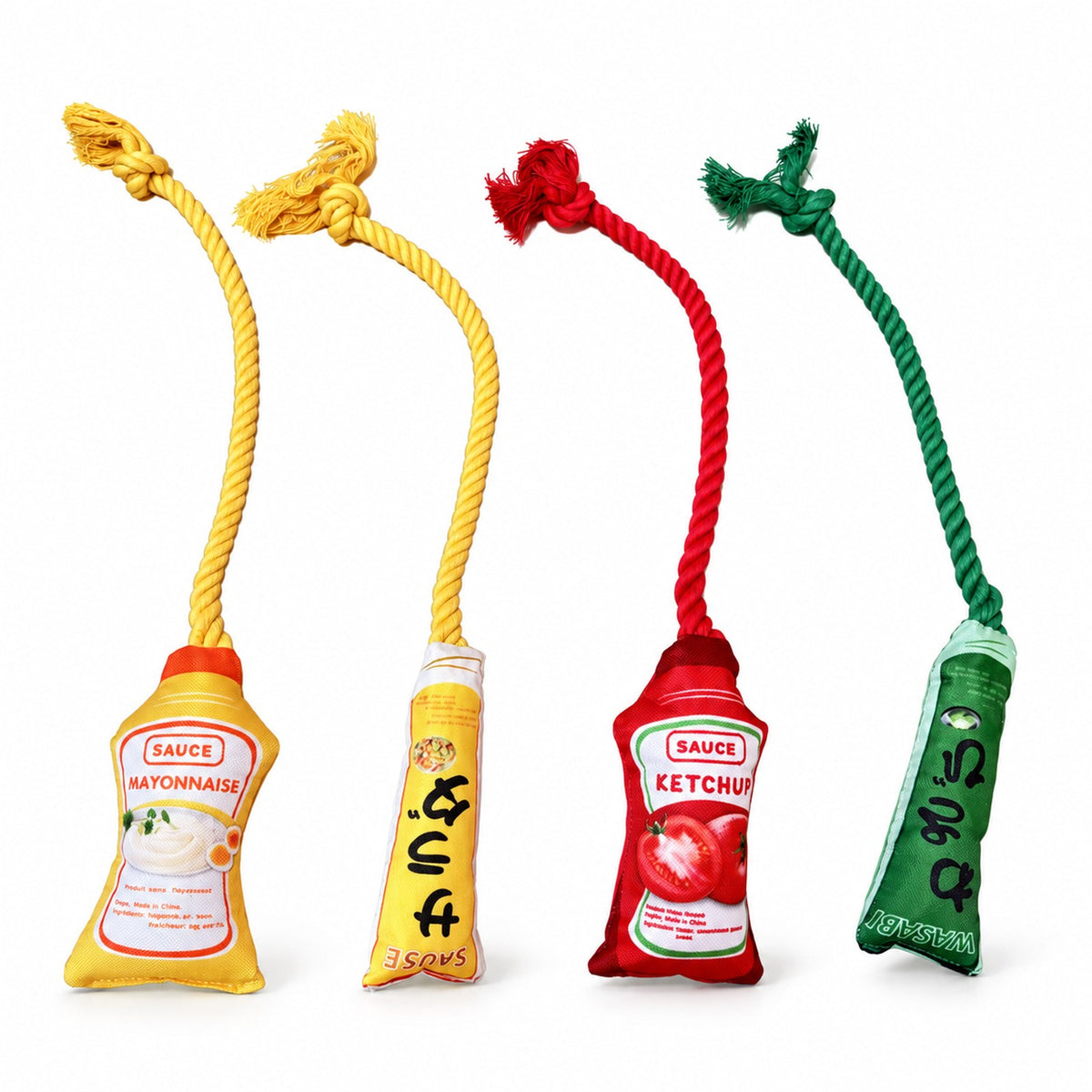 Four sauce-bottle rope toys on white: mayonnaise, salad dressing, ketchup and wasabi