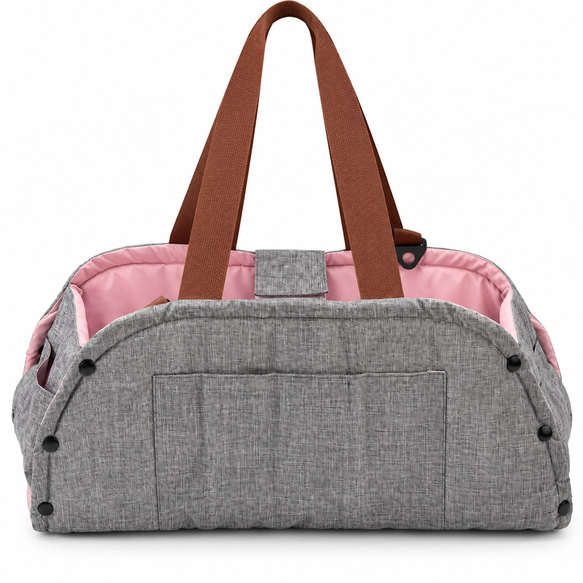 Gray pet bag with pink lining, two brown handles and front pocket, on white