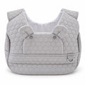 Light gray quilted front carrier with front flap and metal ring, front view on white