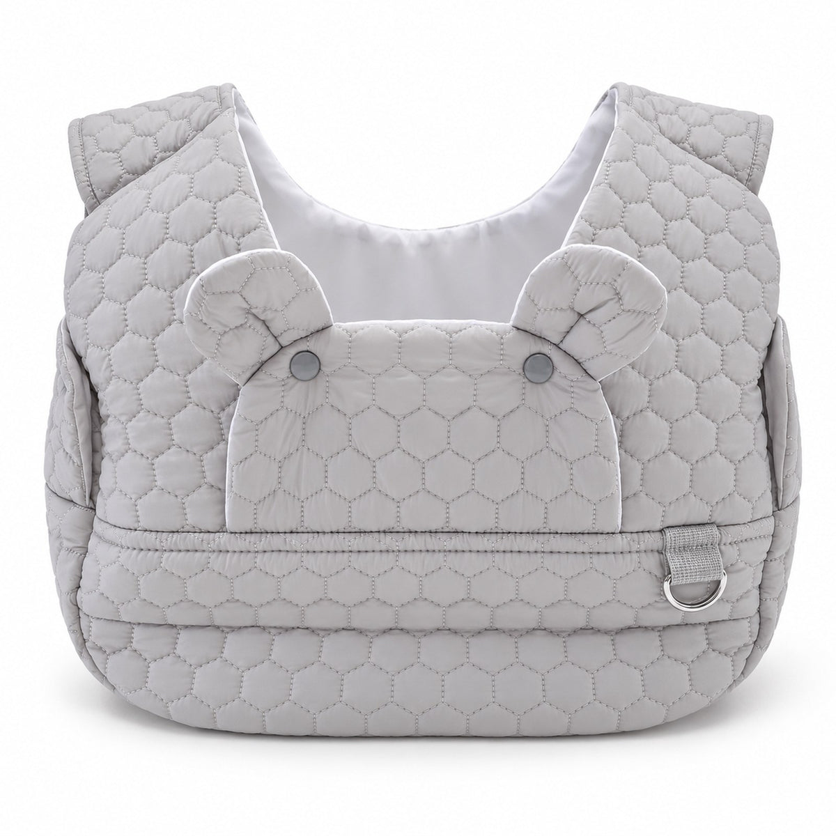 Light gray quilted front carrier with front flap and metal ring, front view on white