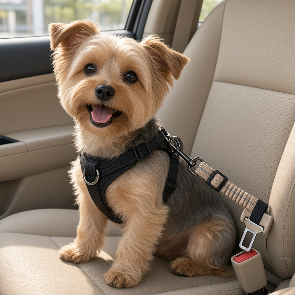 Small dog in a harness clipped to the tether and buckled into a car seat