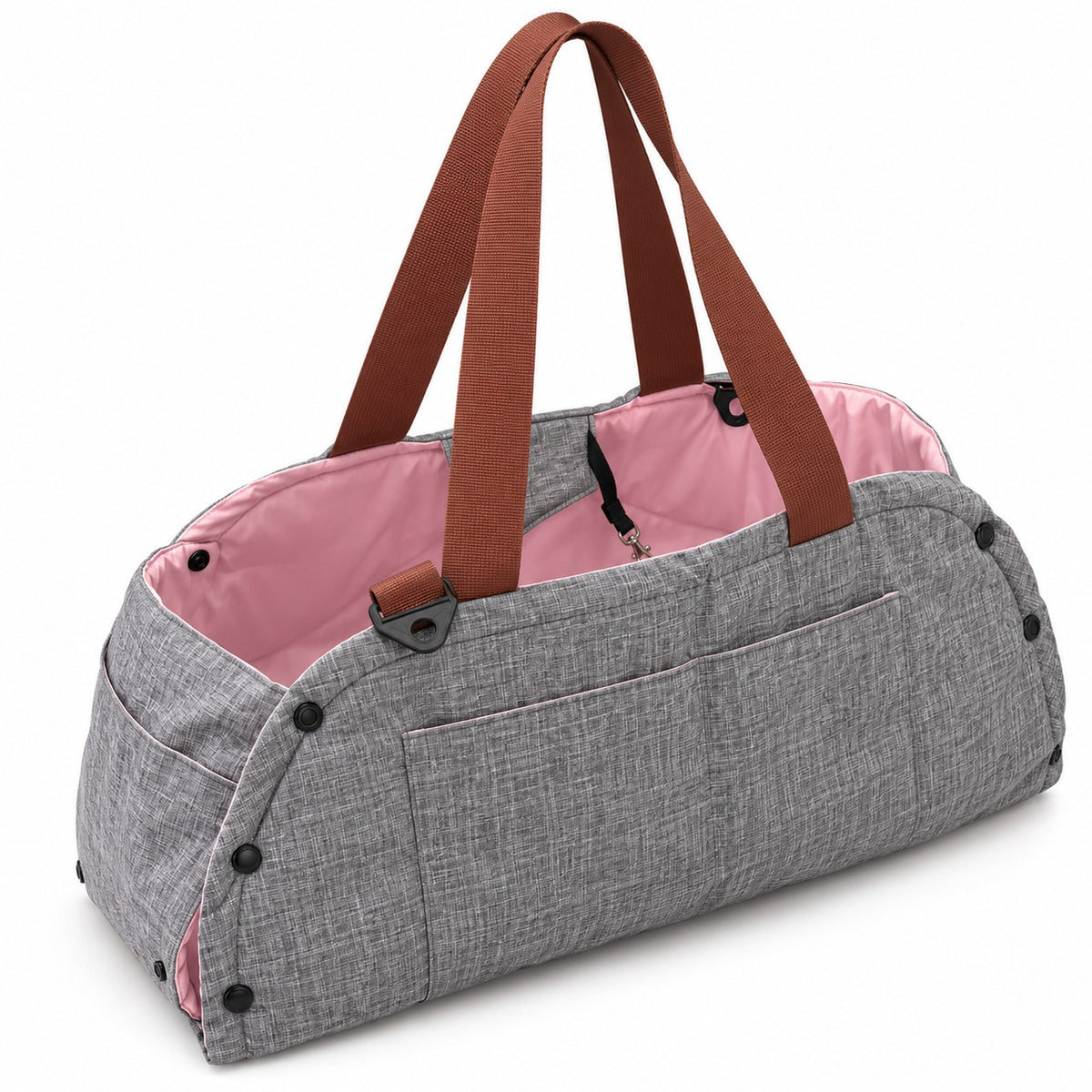 Three-quarter view of the gray and pink pet bag with snap-fastened side panels
