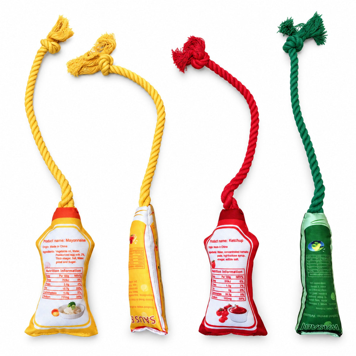 Back view of the four sauce-bottle rope toys showing the printed labels