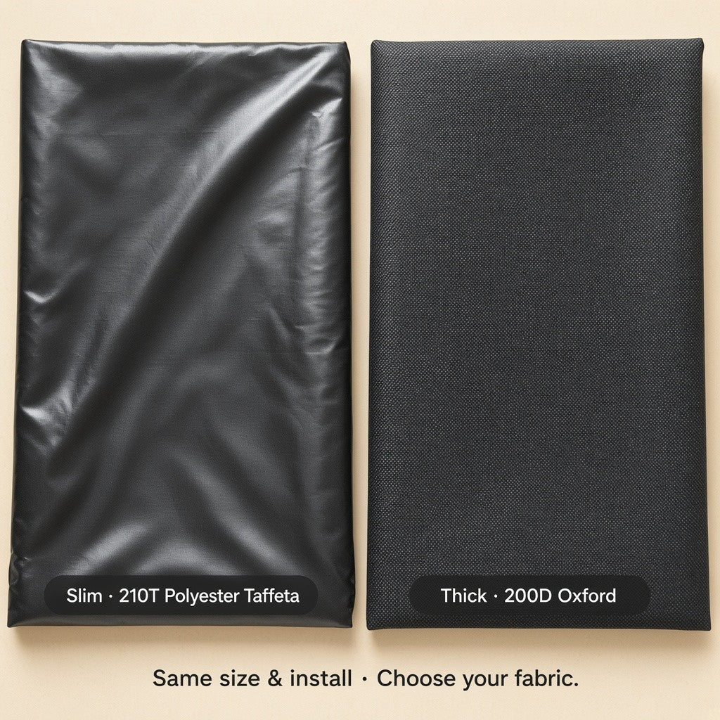 Slim 210T taffeta and thick 200D Oxford liners side by side, same size