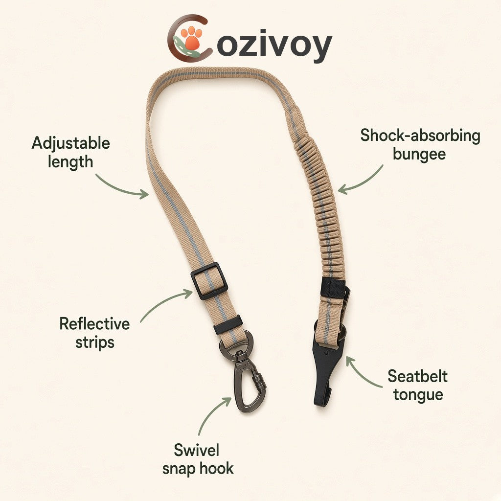 Labeled tether parts: adjustable length, bungee, reflective strips, swivel hook, seat-belt tongue