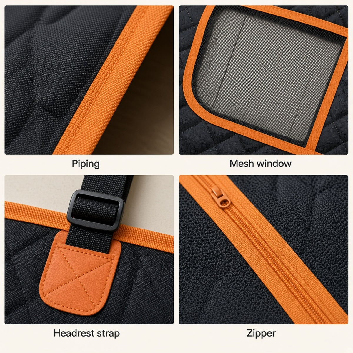 Close-ups of the orange piping, mesh window, headrest strap buckle and side-flap zipper