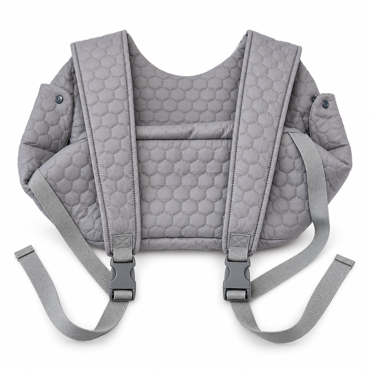 Back of the quilted carrier with two adjustable shoulder straps and buckles