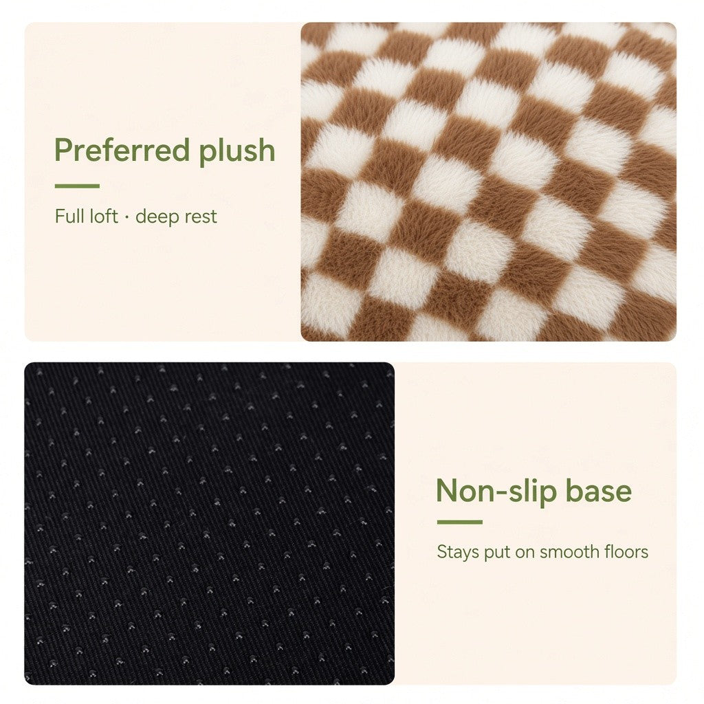Close-up of the plush checker fabric and the dotted non-slip base