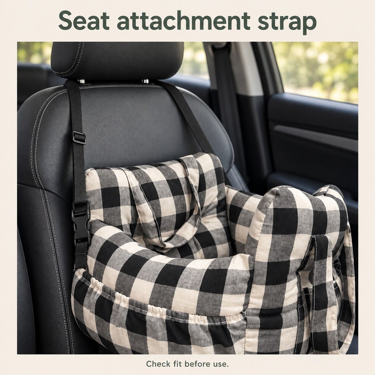 Adjustable seat attachment strap looped around the car headrest
