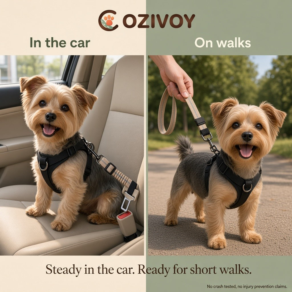The tether used in the car and as a short walk lead, always on a harness