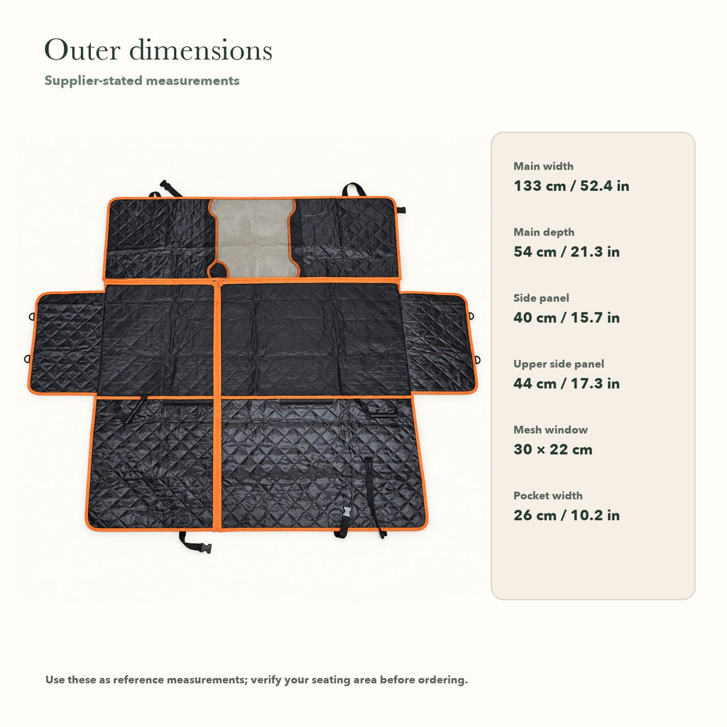 Outer dimensions of the rear-seat cover, supplier-stated measurements in centimeters and inches