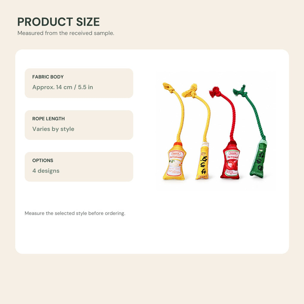 Size guide for the sauce-bottle rope toys: fabric body about 14 cm, four designs
