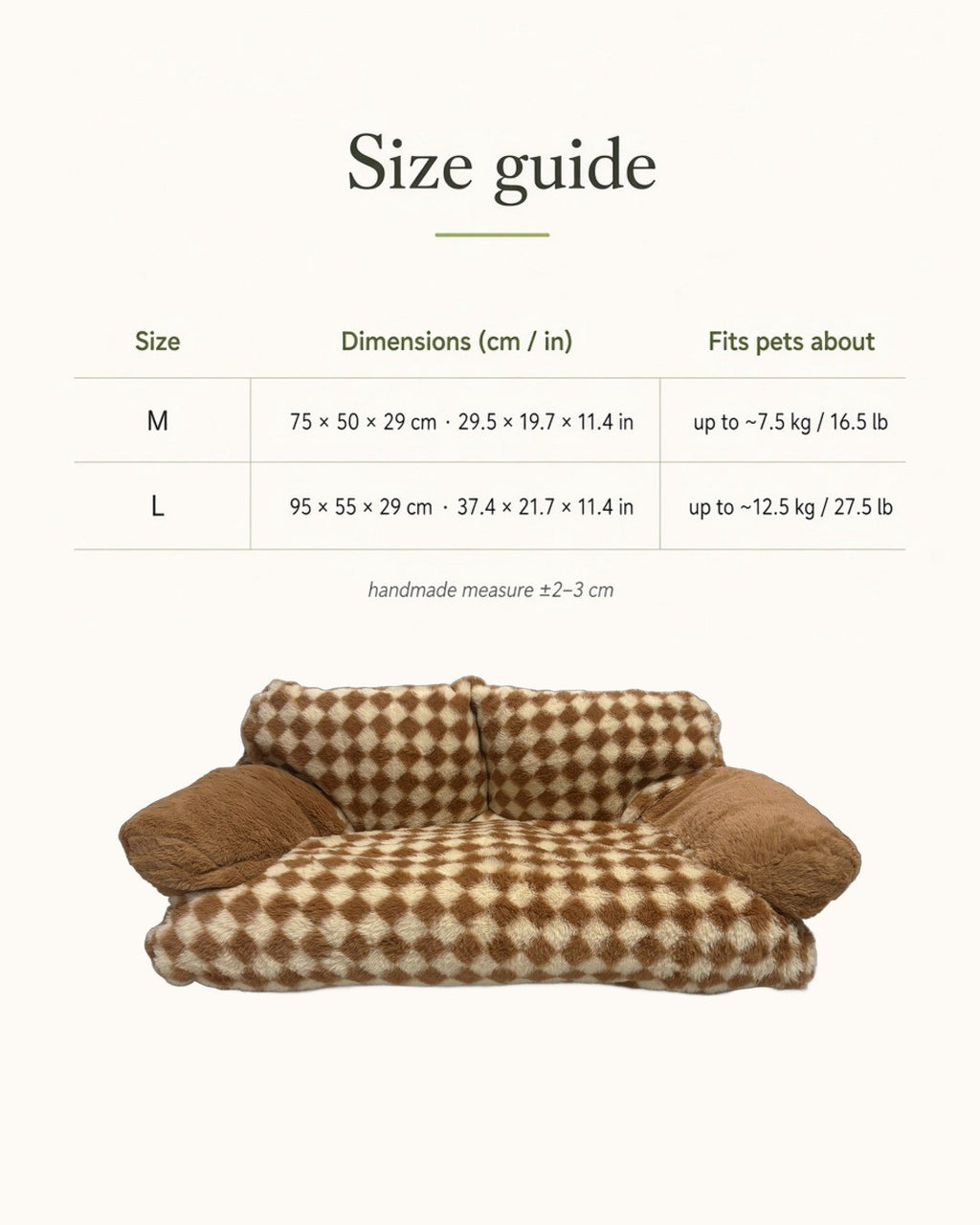 Size guide for the M and L checker sofa beds with dimensions and pet weights