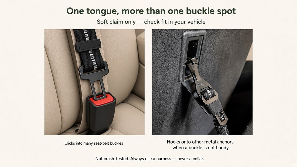 Tether tongue in a seat-belt buckle and hooked to another anchor point