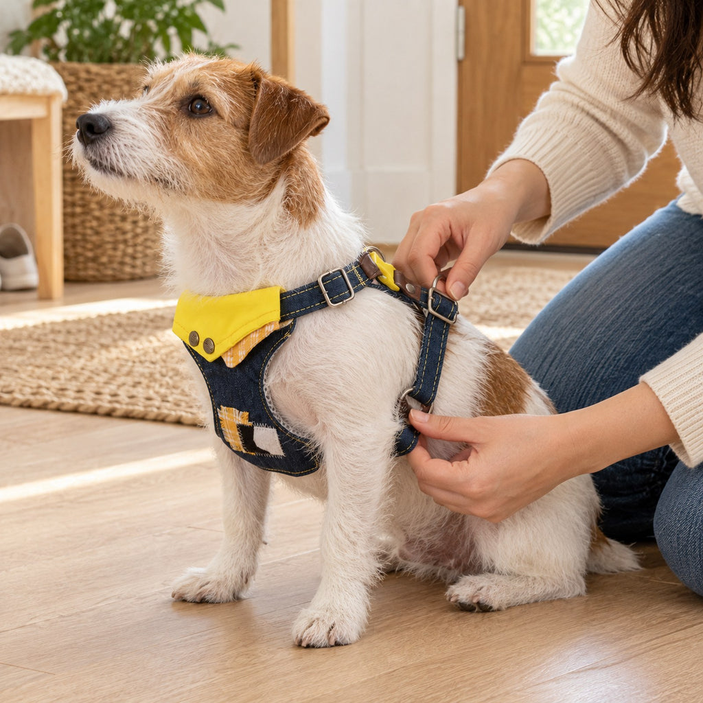 Person adjusting the harness straps on a seated dog