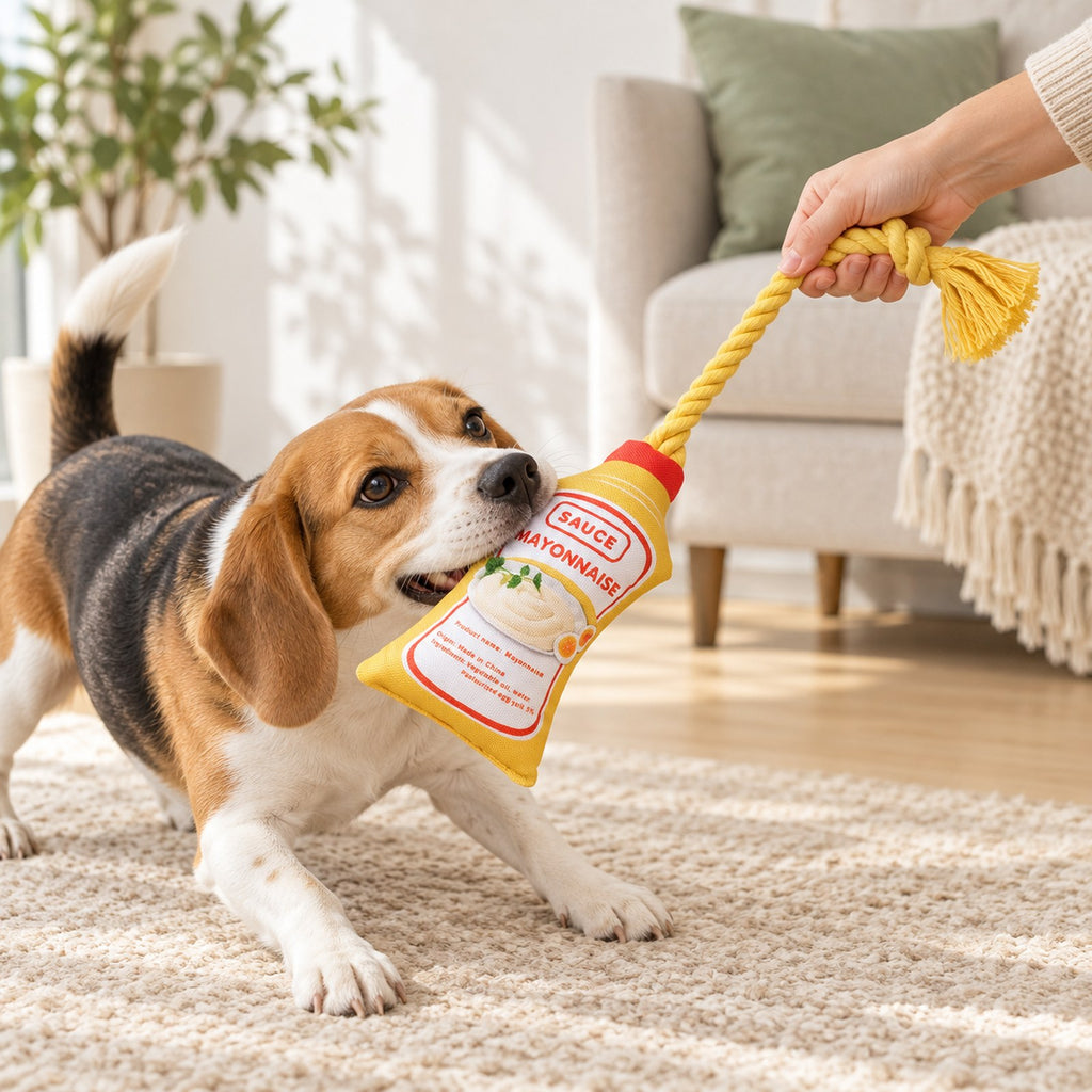 Beagle holding a mayonnaise sauce-bottle toy by the fabric while a hand holds the rope