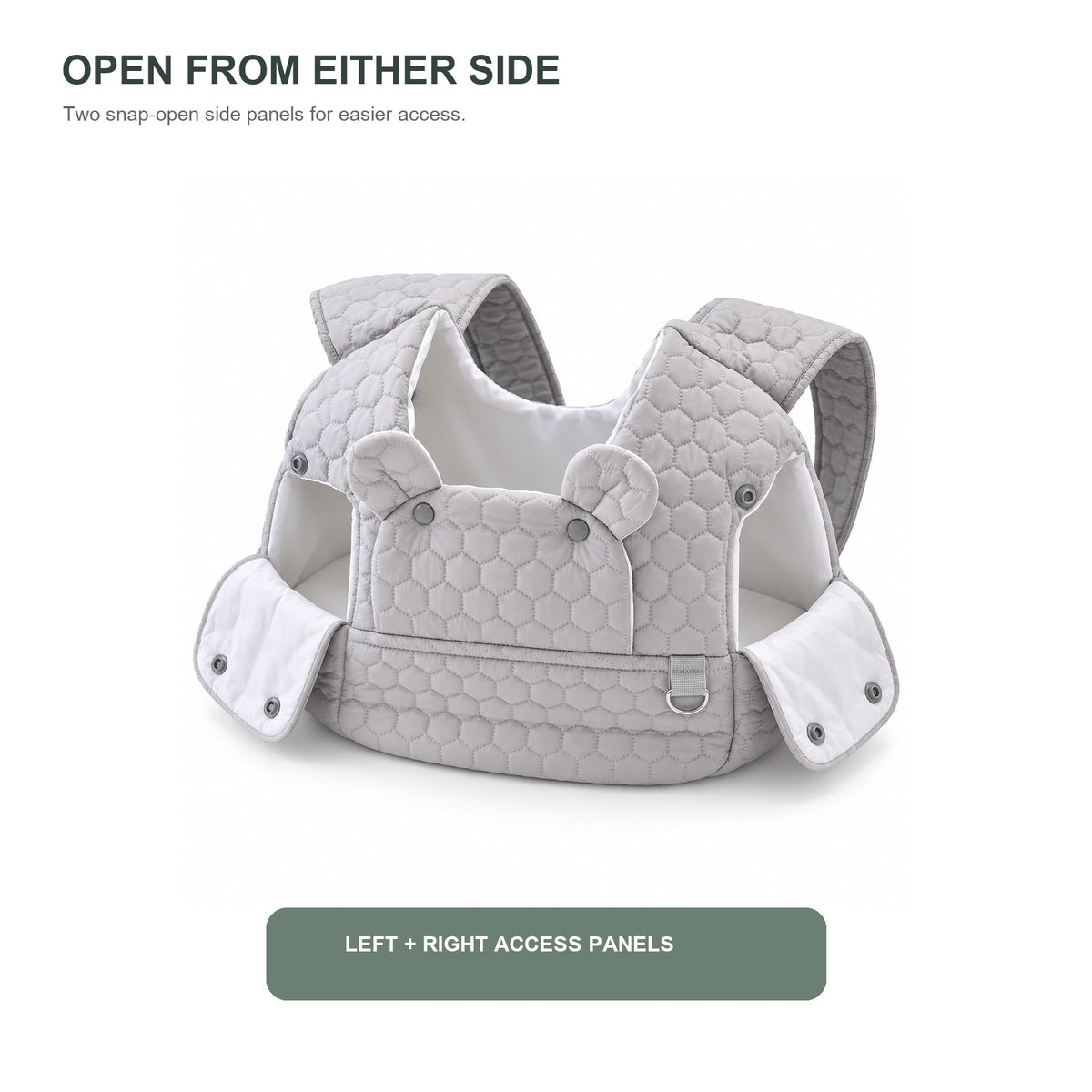 Quilted front carrier with both snap side panels open