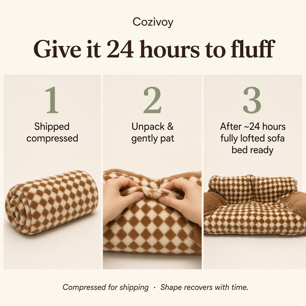 Shipped compressed, the sofa bed lofts back in about 24 hours