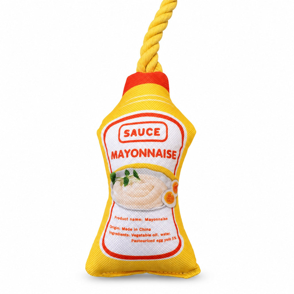 Mayonnaise sauce-bottle toy with printed fabric body and knotted rope loop