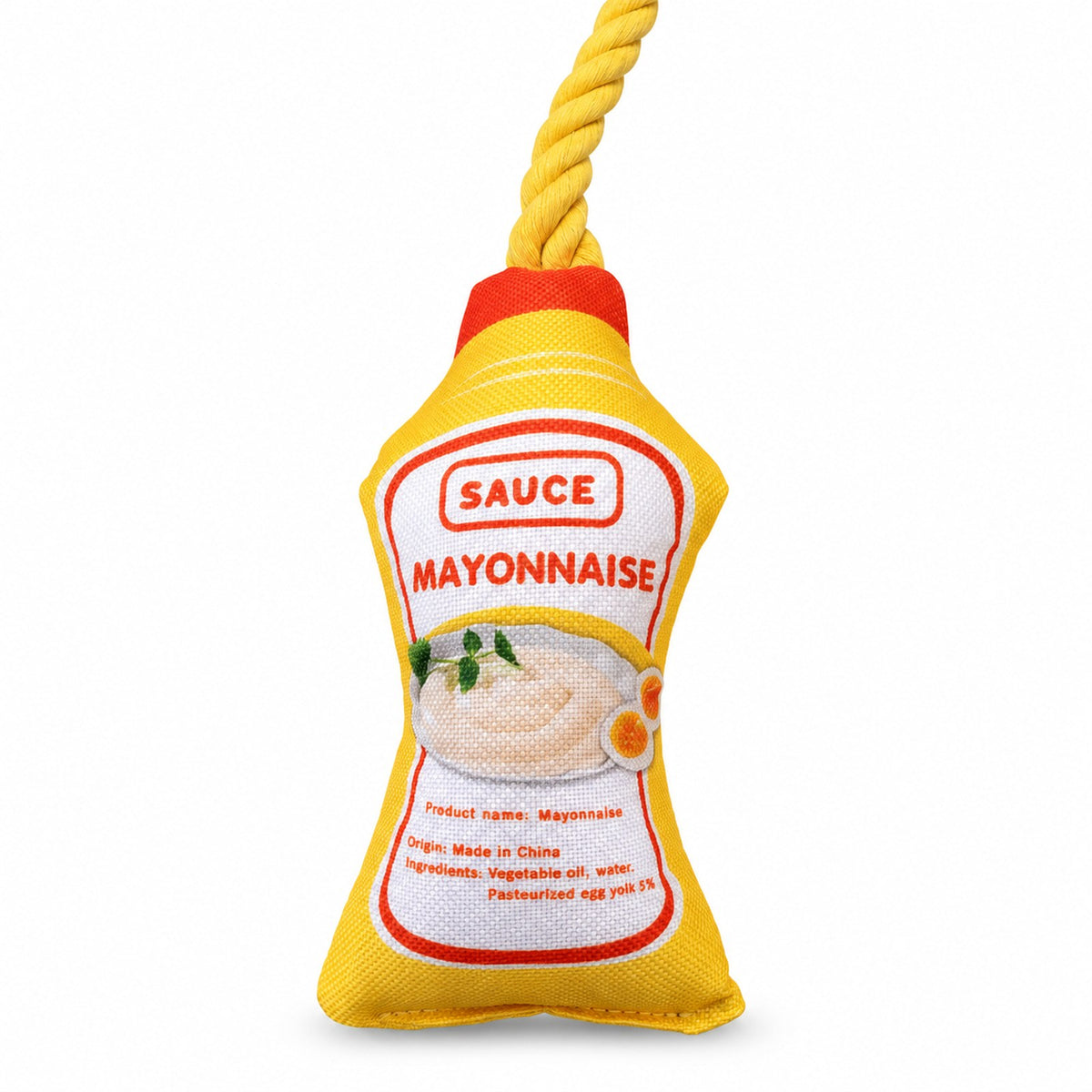 Mayonnaise sauce-bottle toy with printed fabric body and knotted rope loop