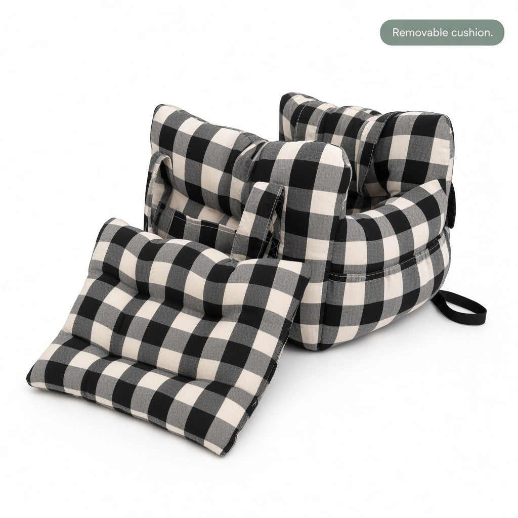 Removable inner cushion shown beside the pet bed