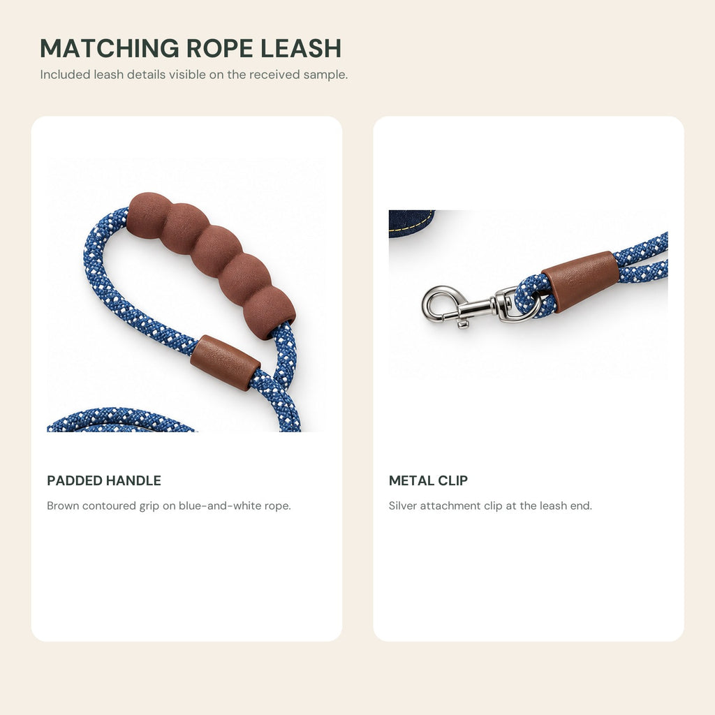 Rope leash padded handle and metal clip close-ups