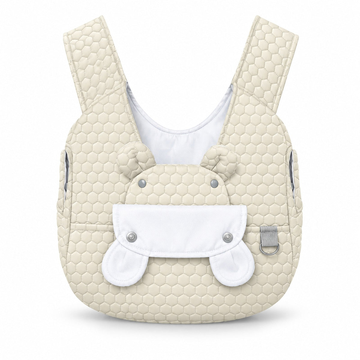 Quilted front pet carrier in khaki, front view on white