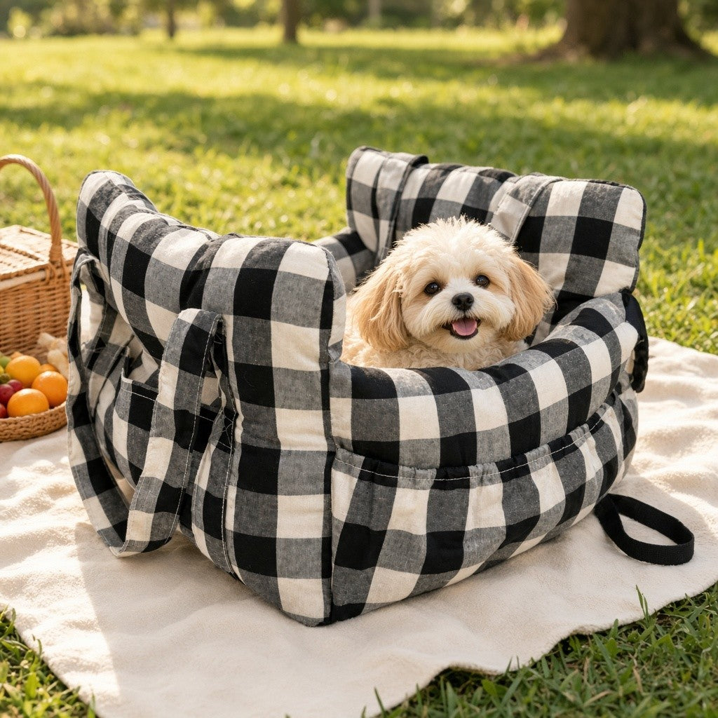Small dog in the black check pet bed on a picnic blanket outdoors