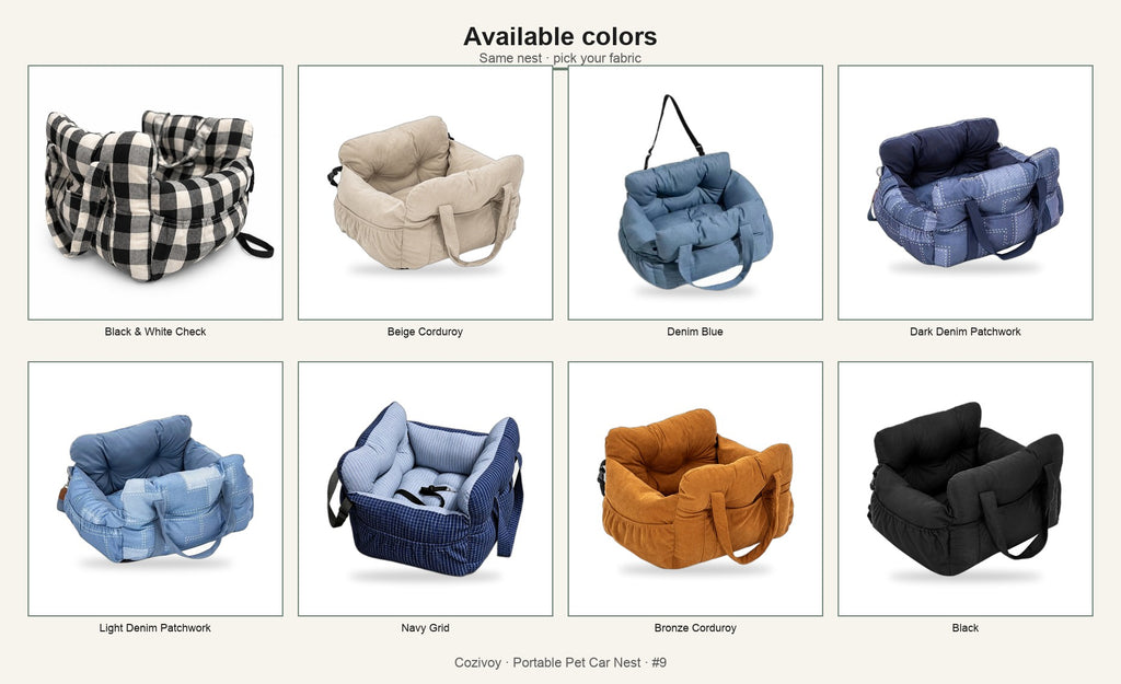 All eight fabric colors of the pet car bed