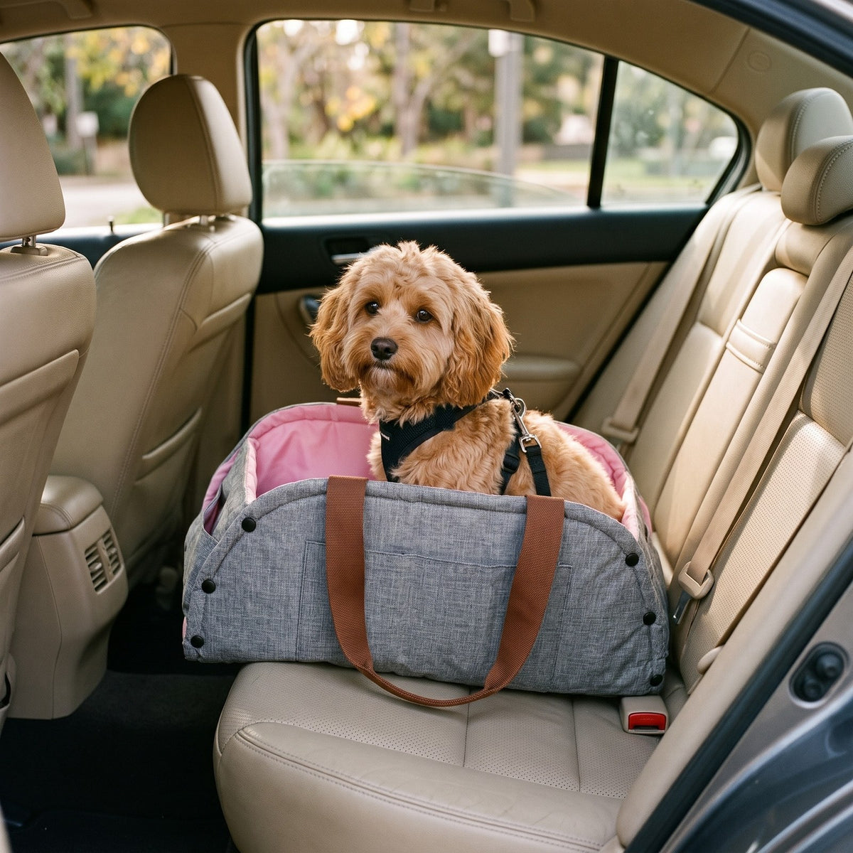 Small dog in a harness sitting in the gray fold-open pet bag on a car back seat