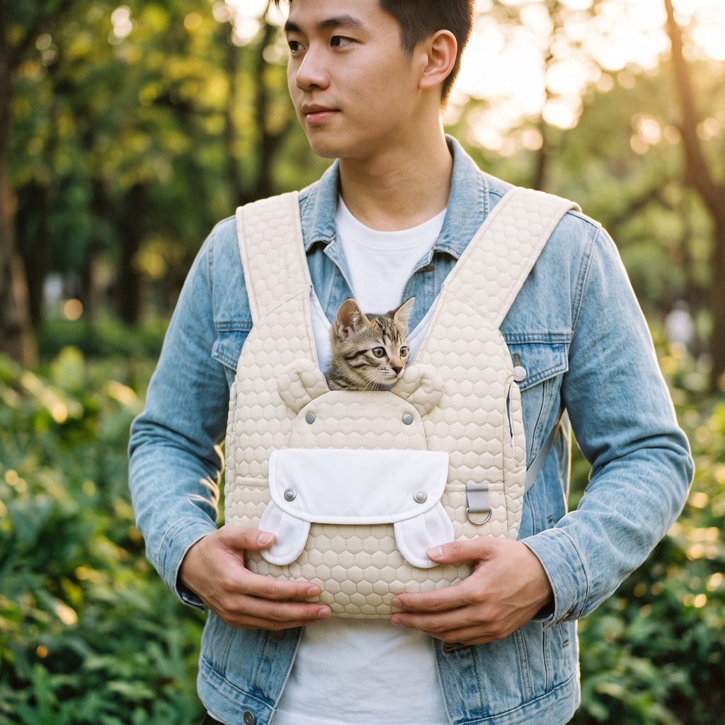 Man wearing the khaki quilted front carrier with a tabby kitten peeking out in a park