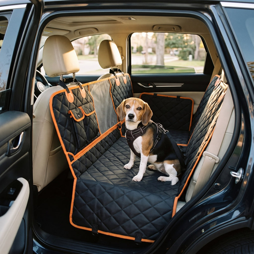 Beagle in a harness sitting on the black quilted rear-seat hammock with orange trim in an SUV
