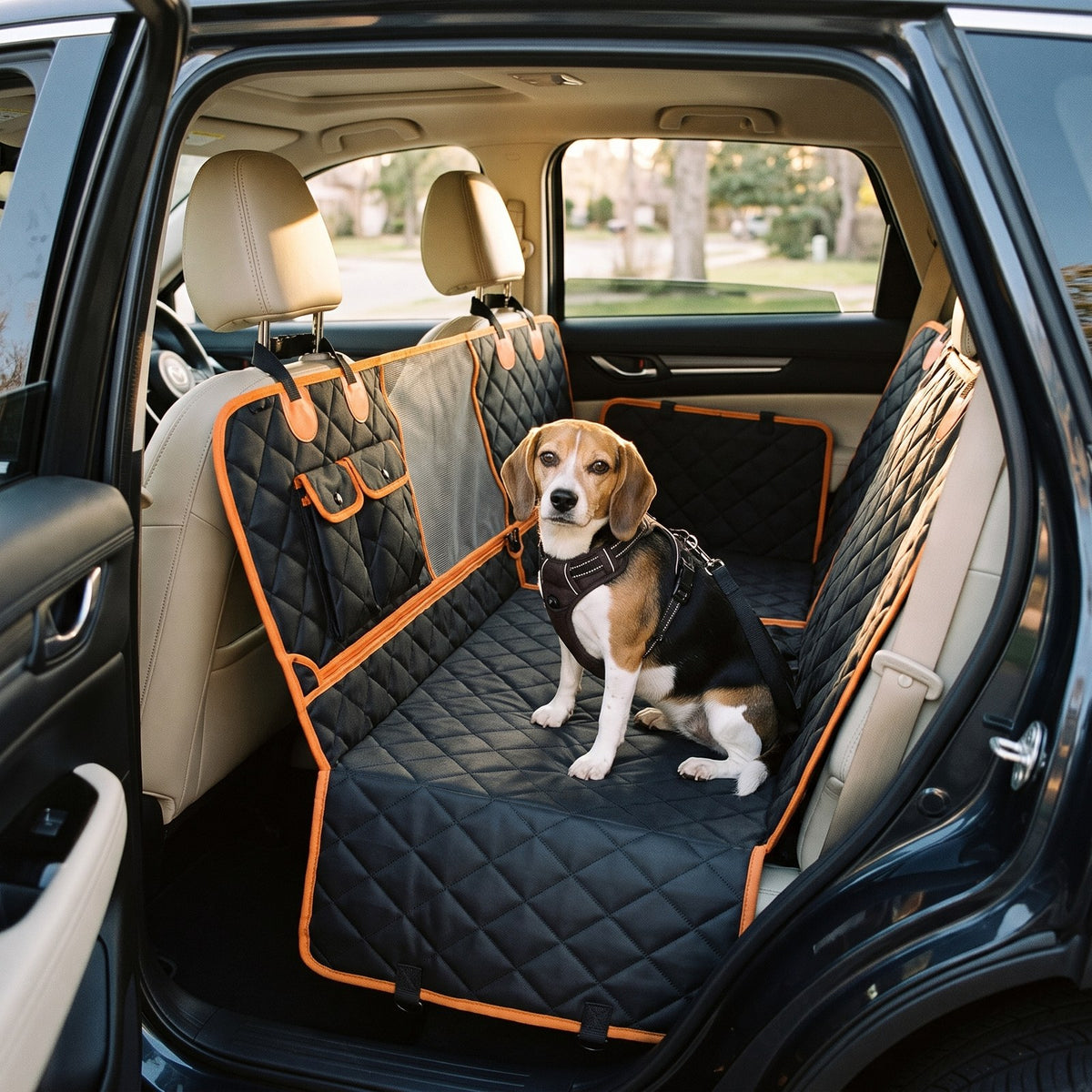 Beagle in a harness sitting on the black quilted rear-seat hammock with orange trim in an SUV