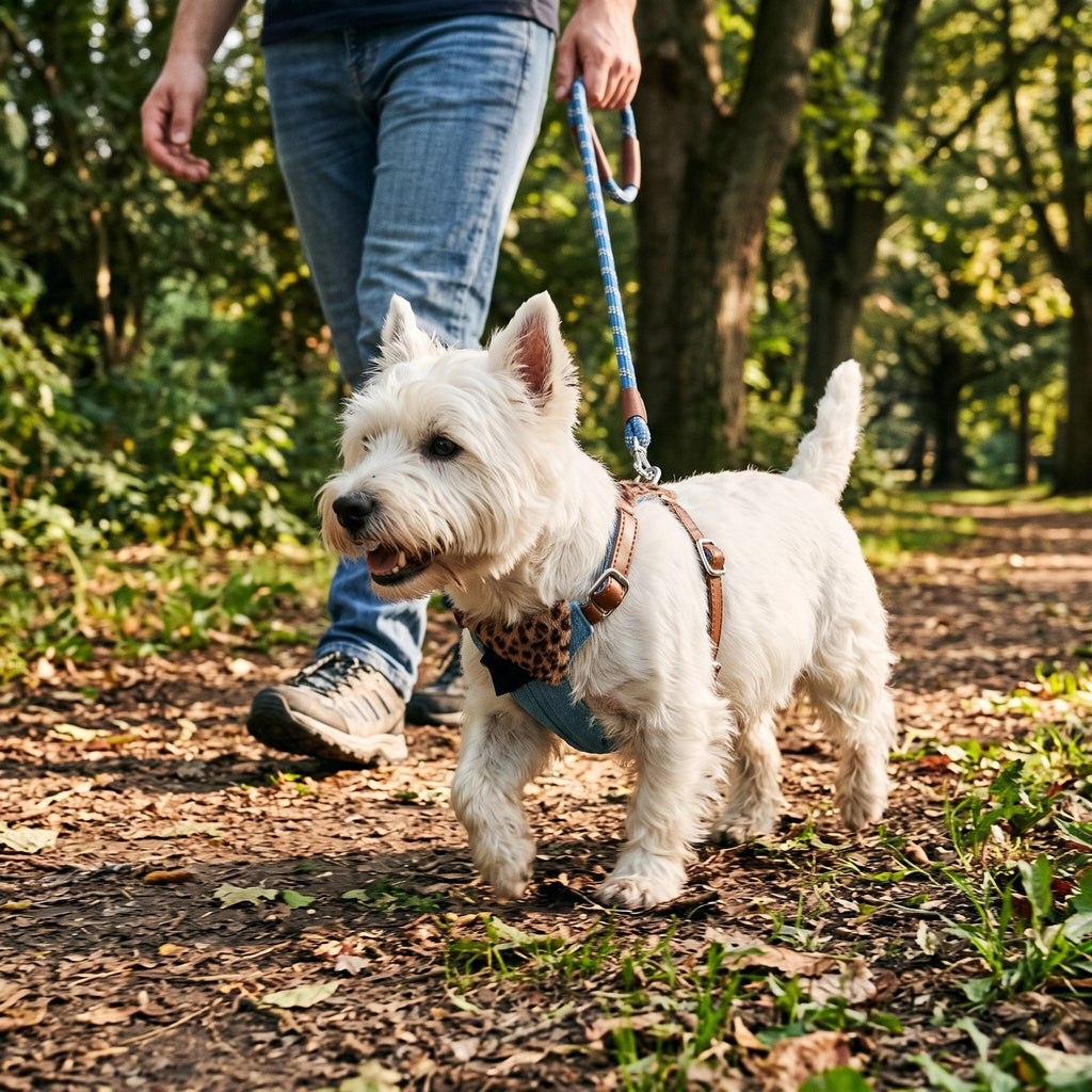 West Highland terrier walking on a park path in the Blue Leopard harness with a rope leash