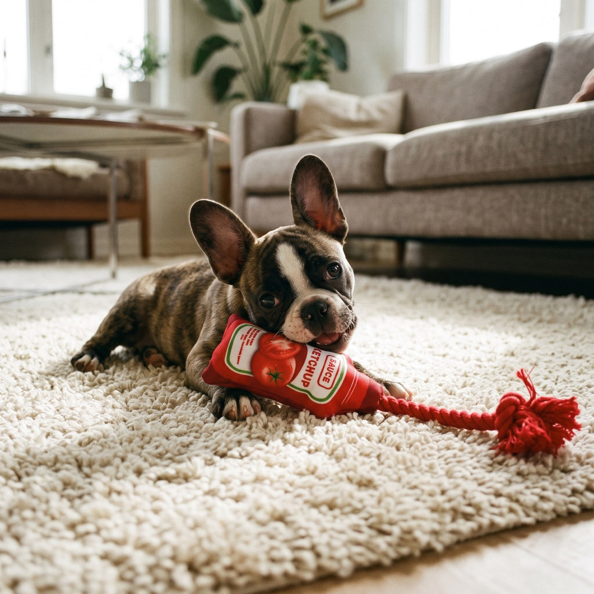 French bulldog puppy chewing the ketchup sauce-bottle rope toy on a cream rug