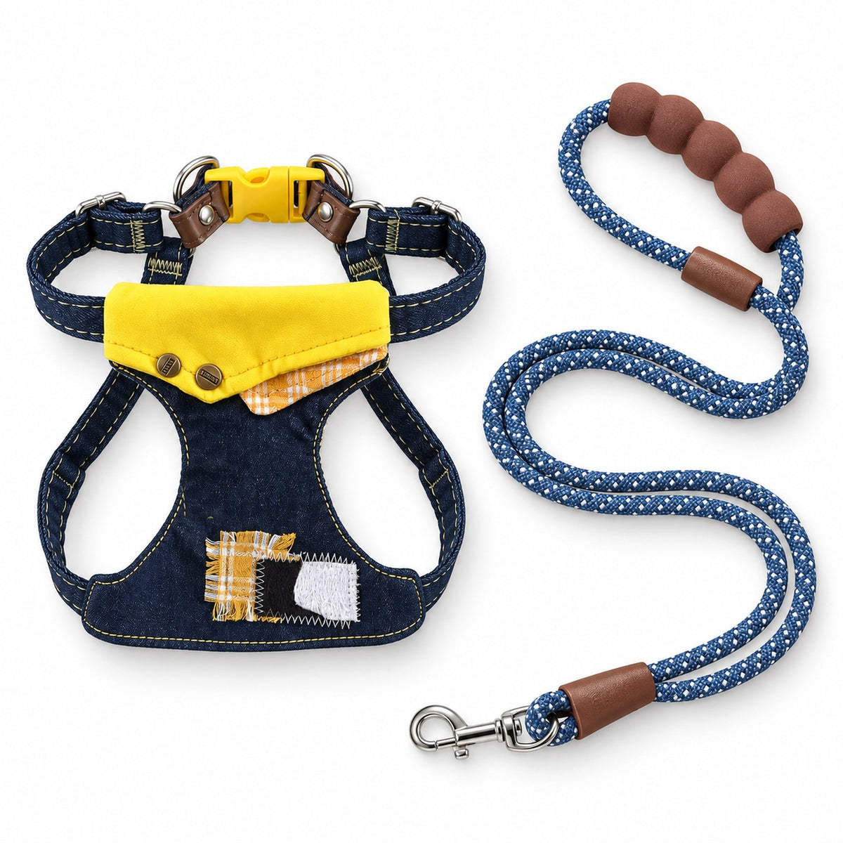 Dark denim harness with yellow collar beside a blue-and-white rope leash with a brown padded handle