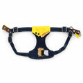 Yellow Patch harness: dark denim with yellow collar, plaid patch, adjustable straps and buckle