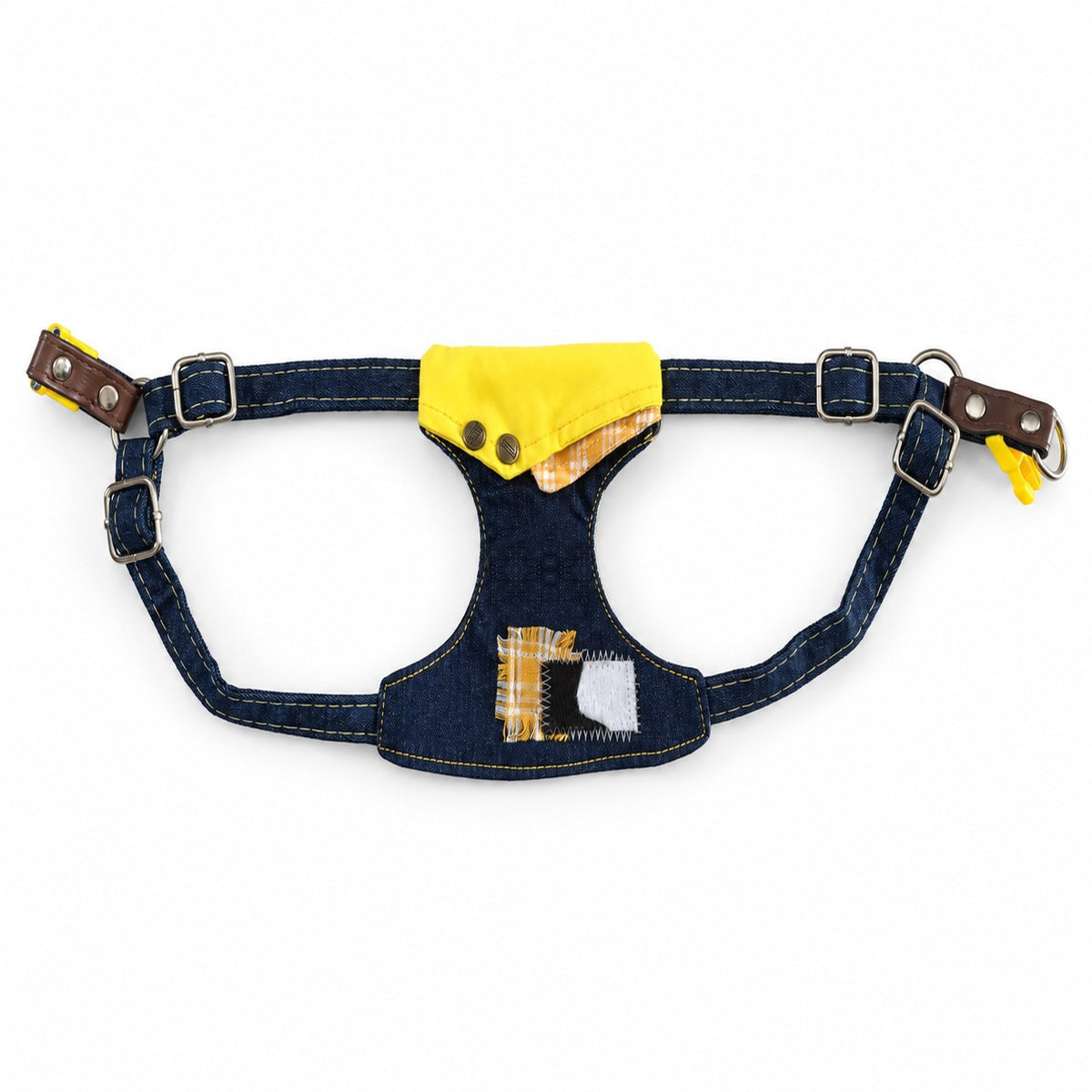 Yellow Patch harness: dark denim with yellow collar, plaid patch, adjustable straps and buckle