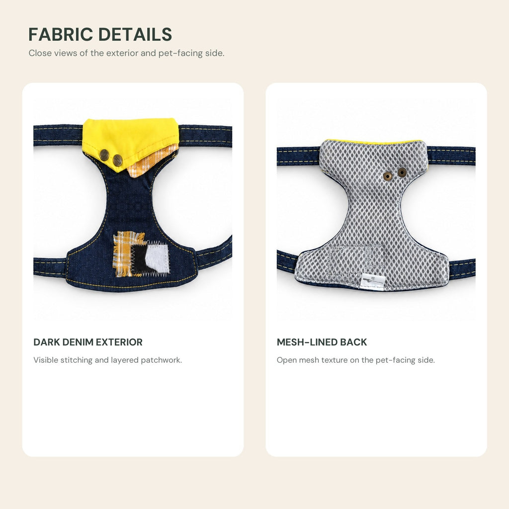 Close views of the denim exterior and the mesh pet-facing side of the harness