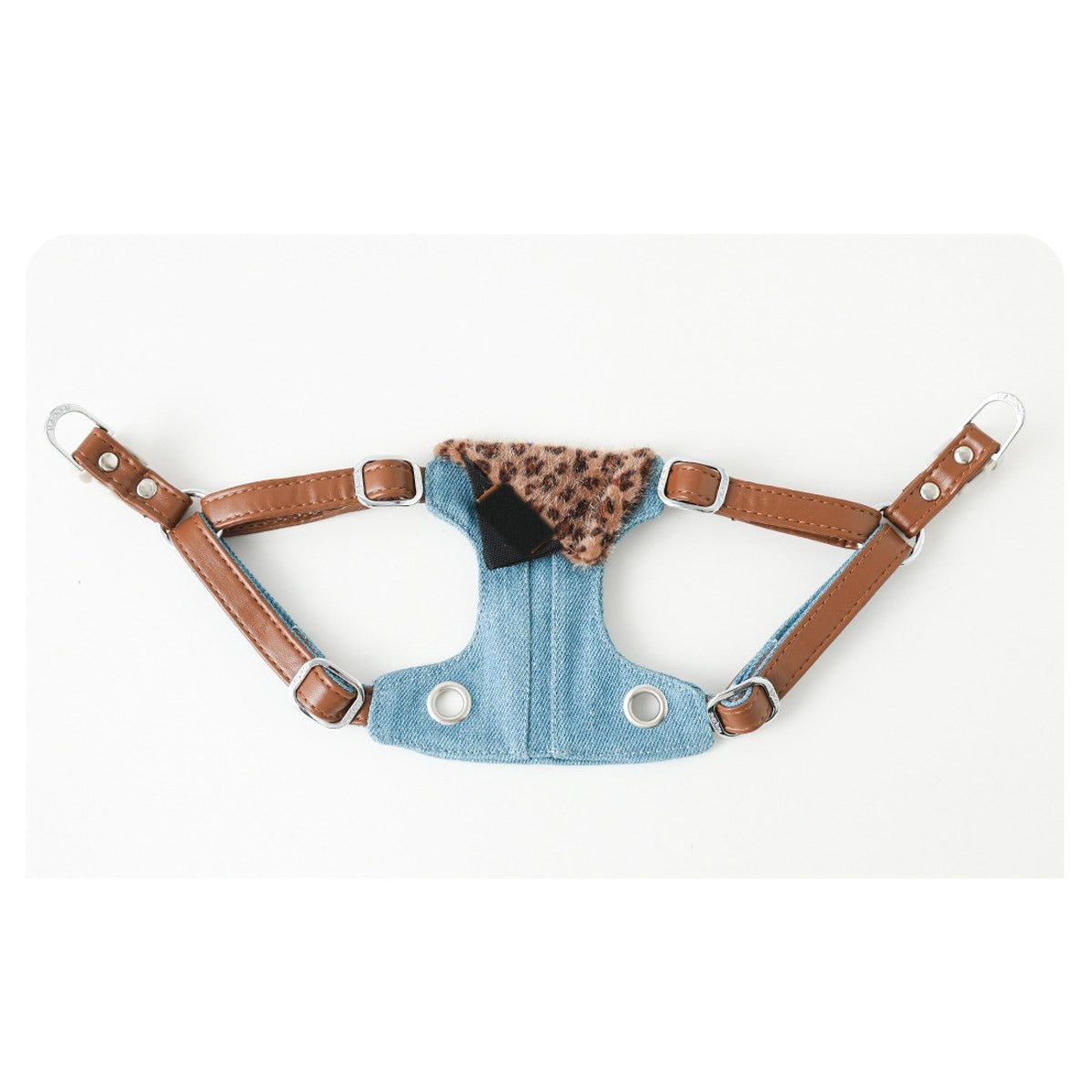 Blue Leopard harness: light denim with leopard-print collar and brown straps, laid flat
