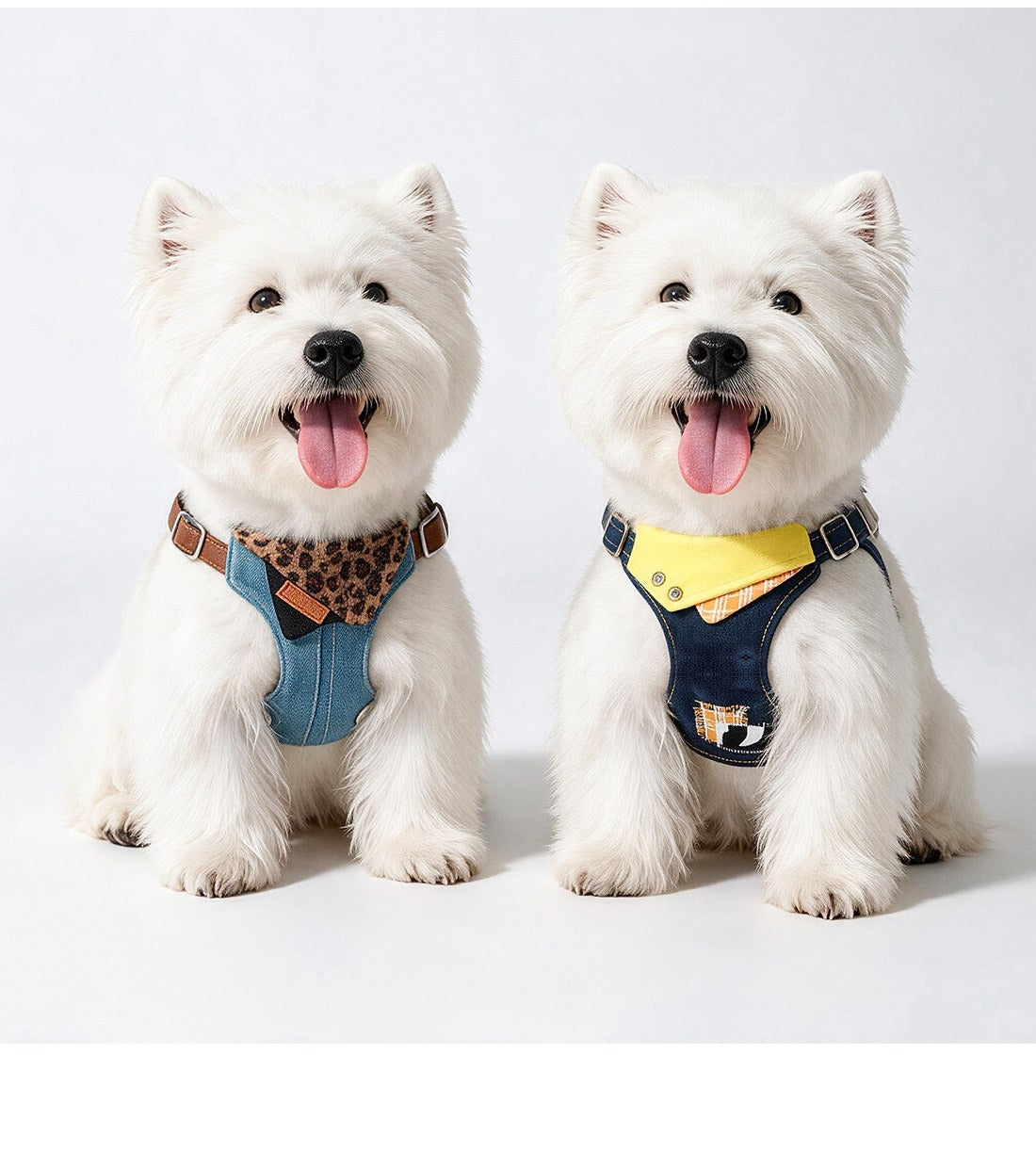 Two white terriers wearing the Blue Leopard and Yellow Patch harnesses